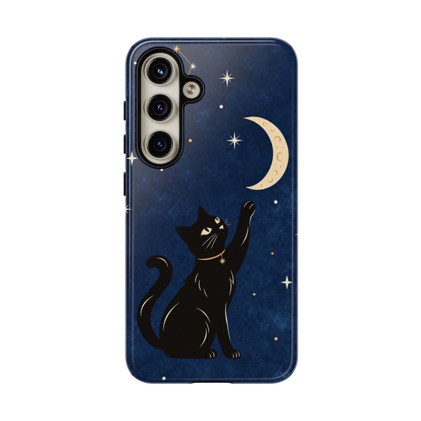 Whimsical Navy Blue Celestial Black Cat Phone Case