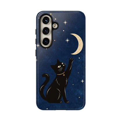 Whimsical Navy Blue Celestial Black Cat Phone Case