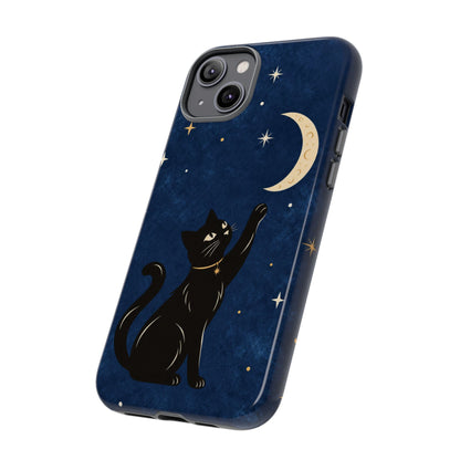 Whimsical Navy Blue Celestial Black Cat Phone Case