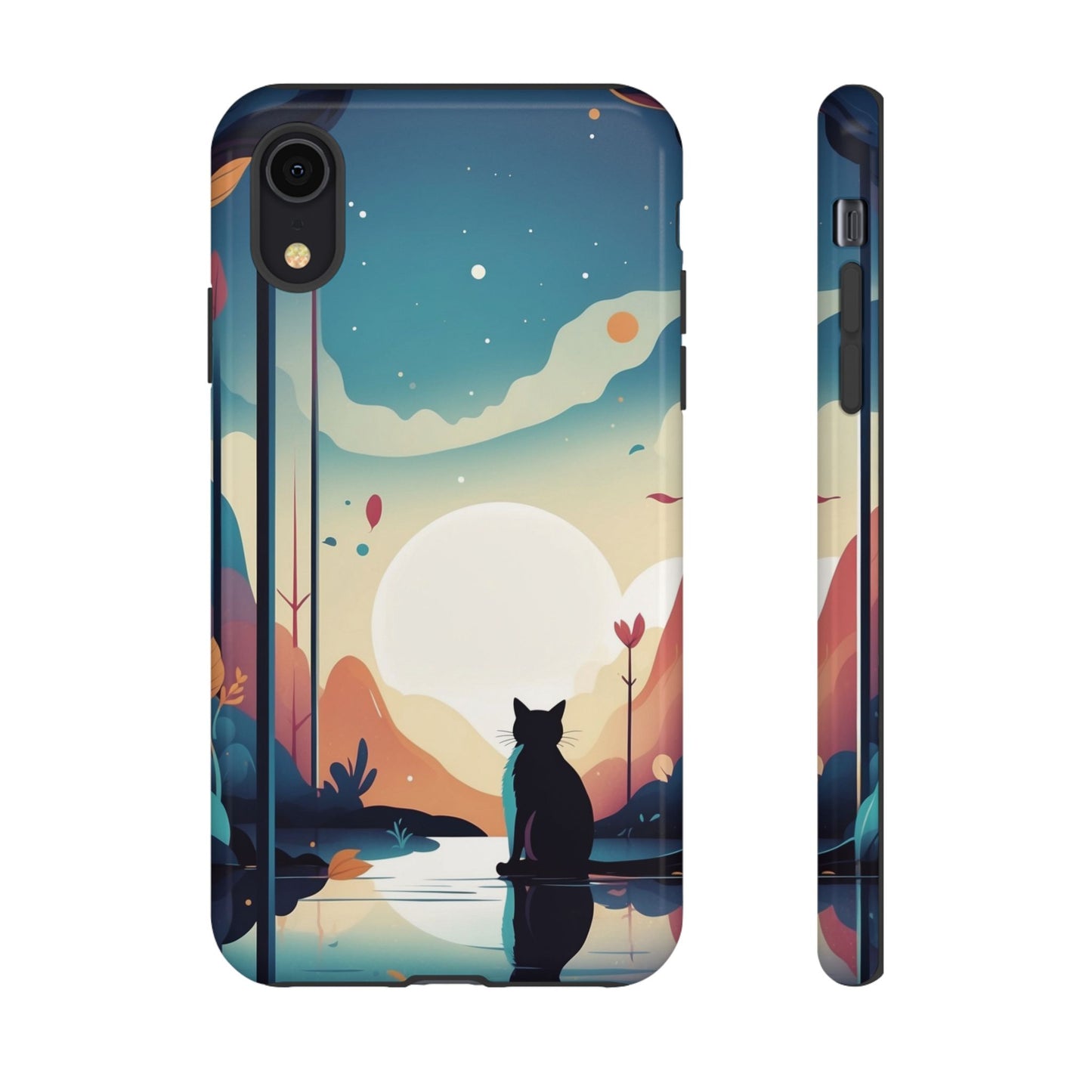 iPhone XR / Glossy Phone Case - Stylised Cat & Moon Design Phone Case