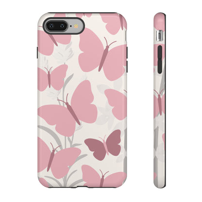 iPhone 8 Plus / Glossy Phone Case - Minimalist Cream & Pink Butterfly Pattern Phone Case