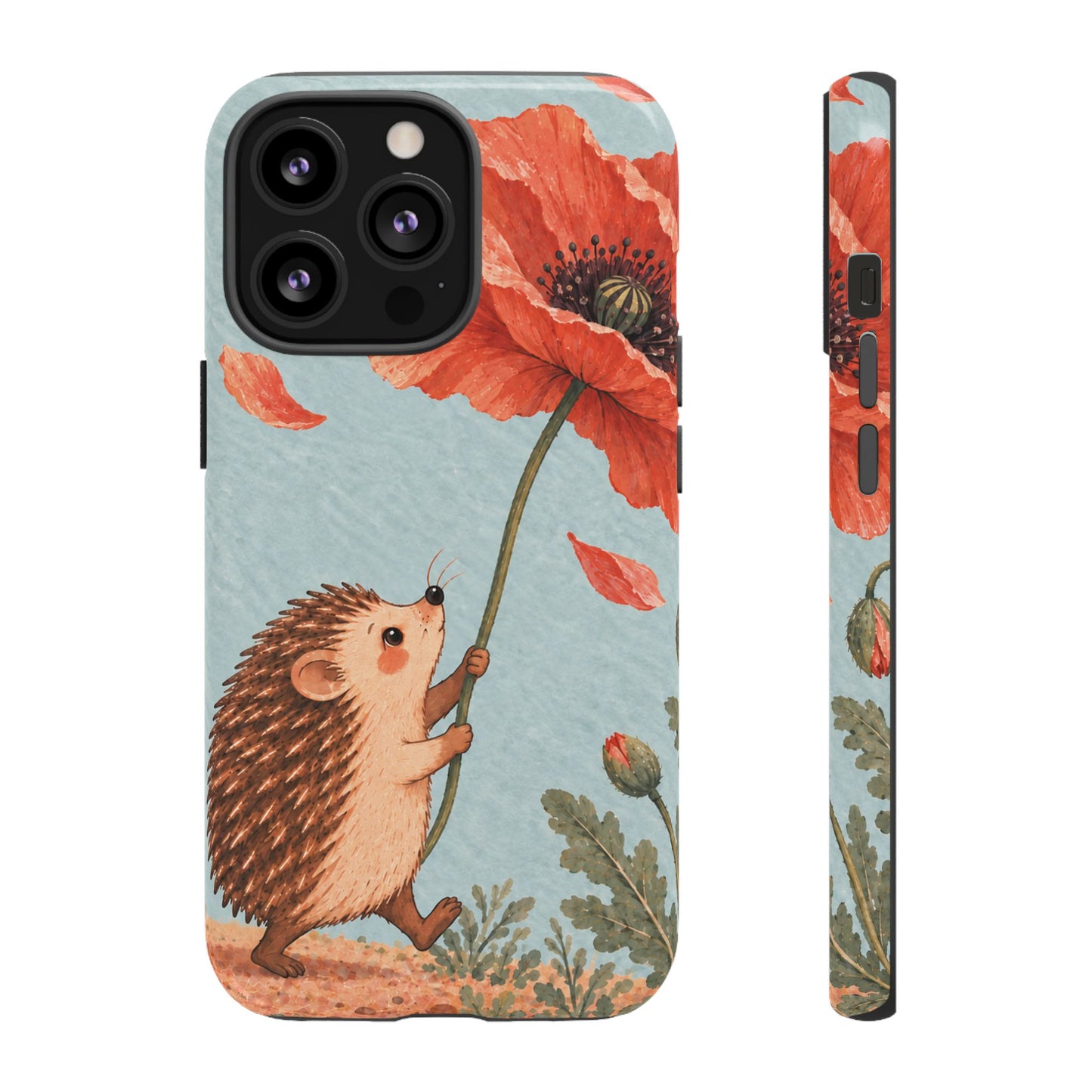 Whimsical Pale Blue Hedgehog and Poppy Phone Case - Blue Phone Case - iPhone 13 Pro / Glossy