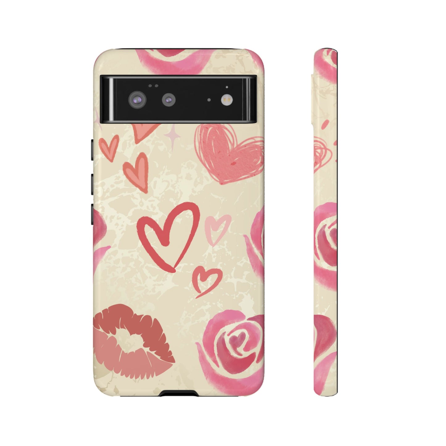 Google Pixel 6 / Glossy Phone Case - ’Pink Heart & Rose Pattern’ Phone Case