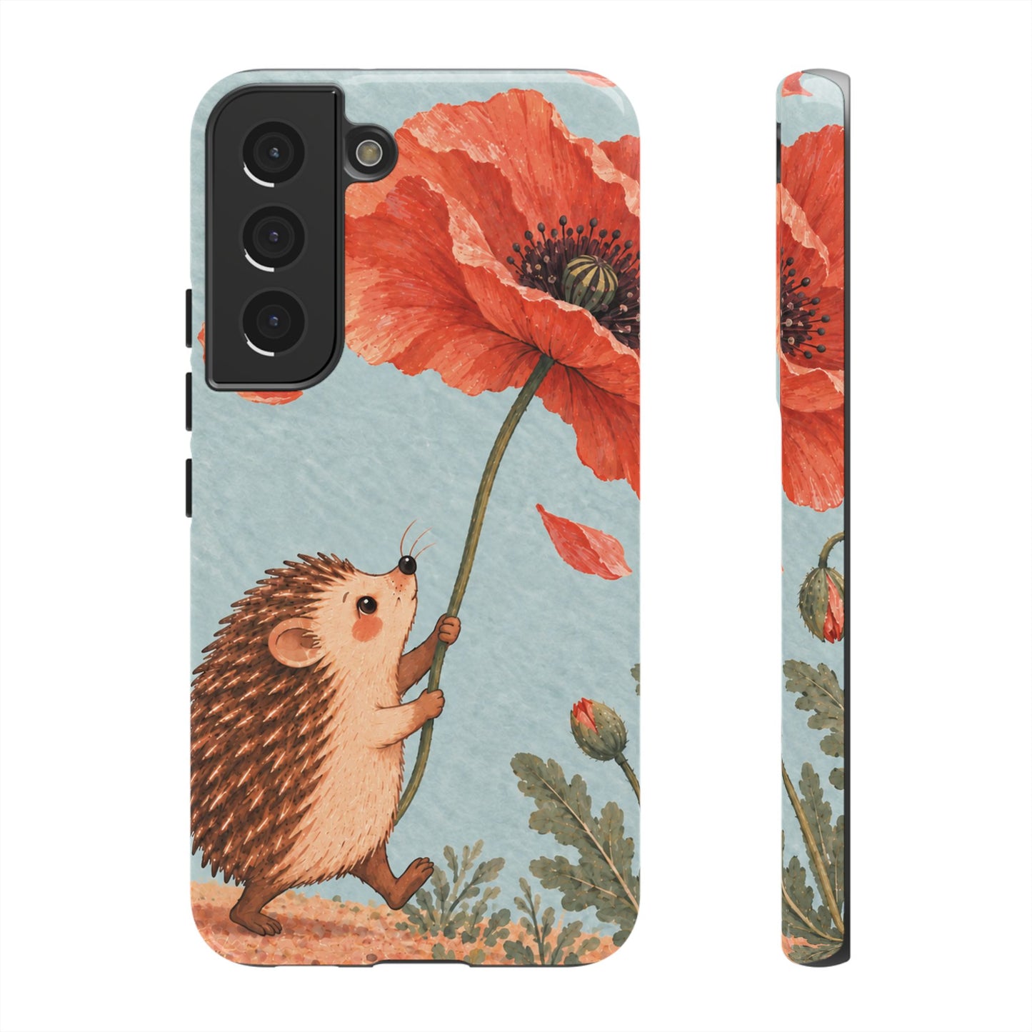 Whimsical Pale Blue Hedgehog and Poppy Phone Case - Blue Phone Case - Samsung Galaxy S22 / Glossy