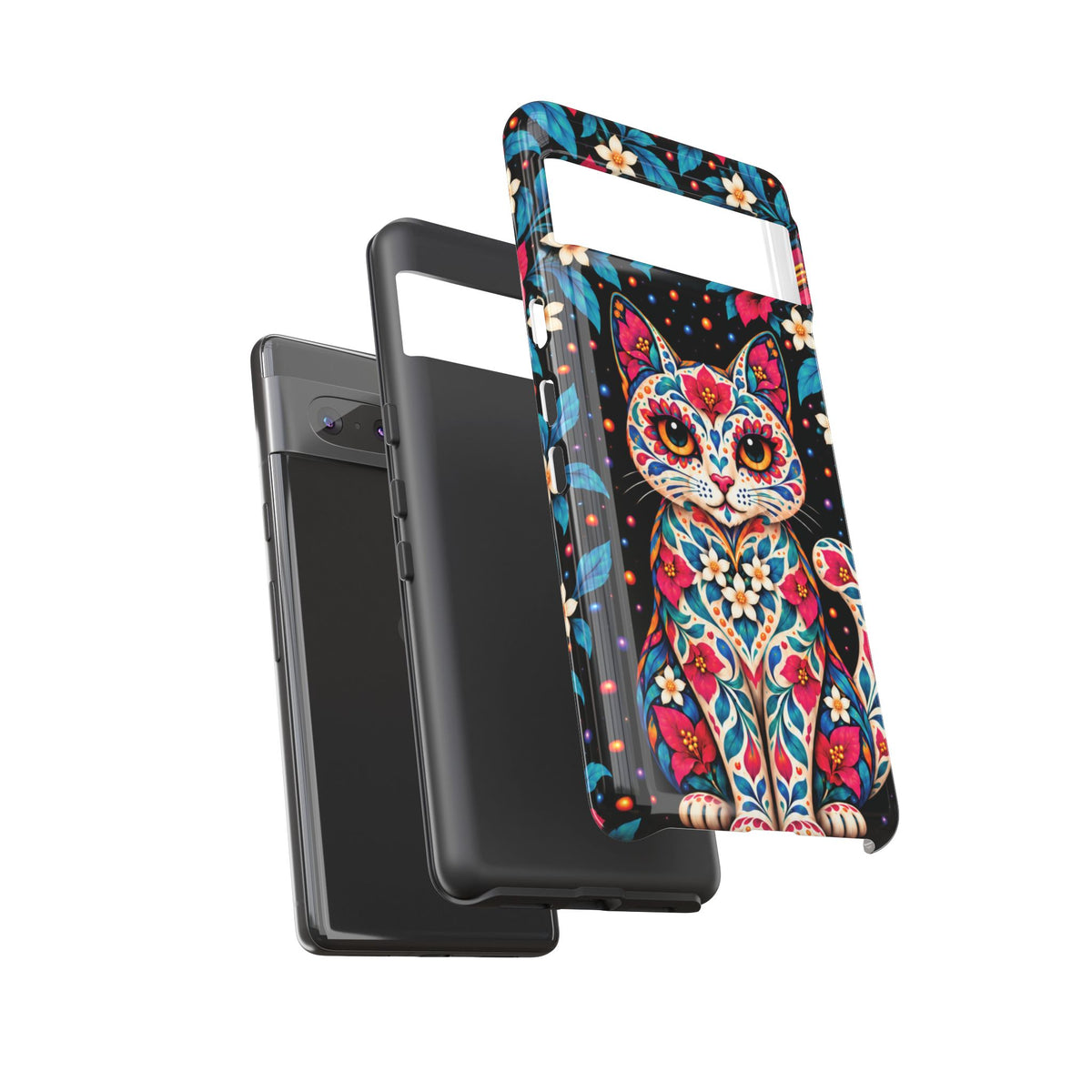 Vibrant Pink and Turquoise Calavera Cat Phone Case - Multicolor Phone Case
