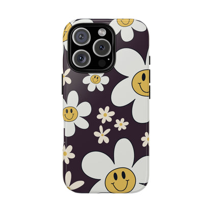 iPhone 16 Pro / Glossy Phone Case - Fun Retro Daisy Pattern with Purple Background Phone Case