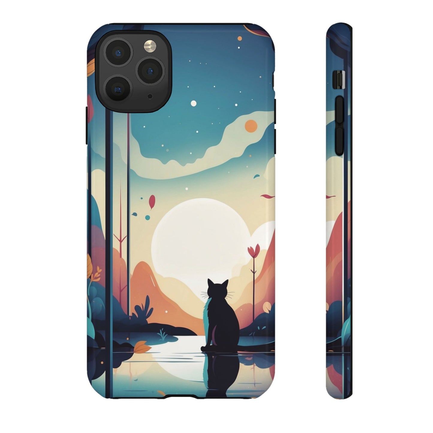 iPhone 11 Pro Max / Glossy Phone Case - Stylised Cat & Moon Design Phone Case