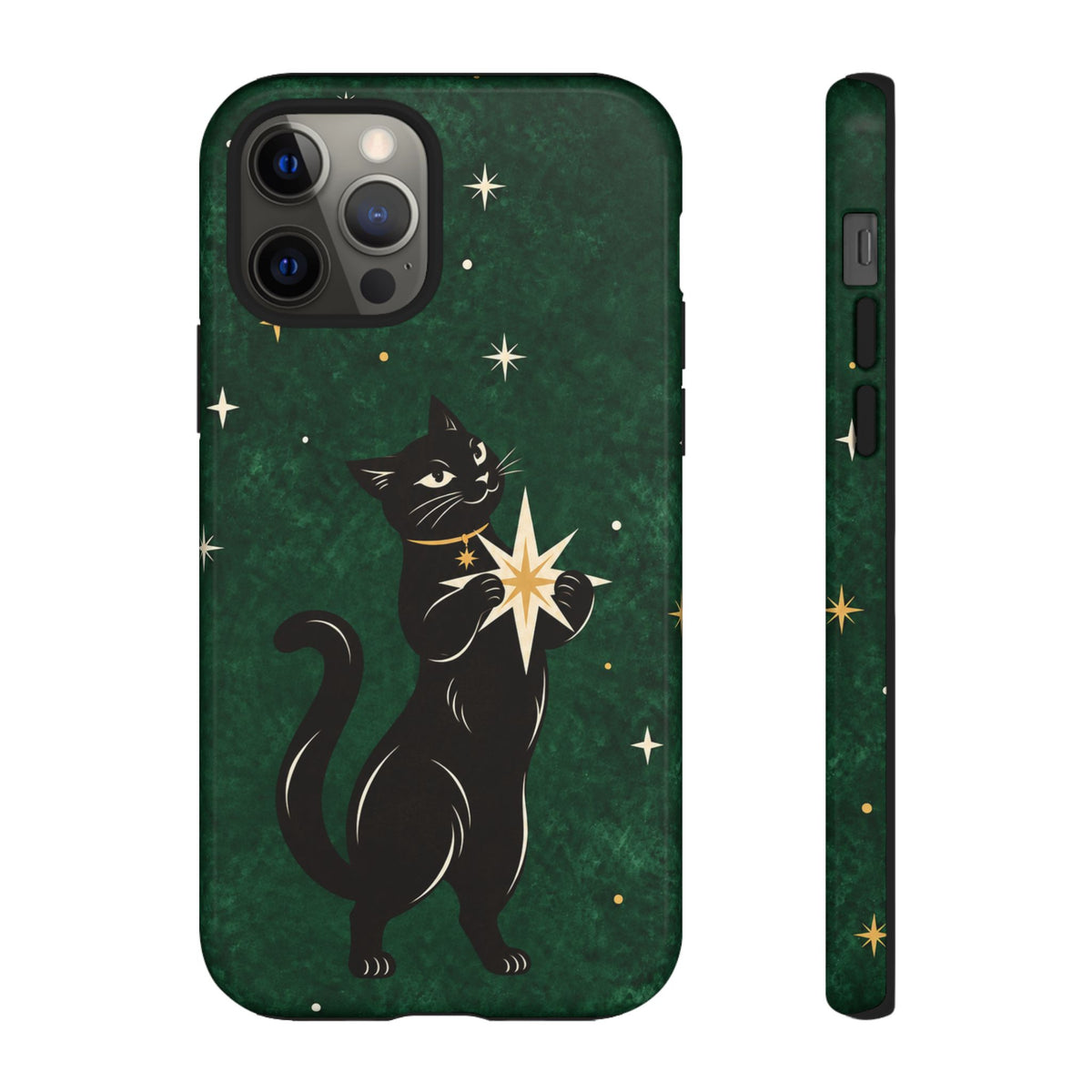 Forest Green Celestial Black Cat Phone Case - Green Phone Case - iPhone 12 Pro / Glossy