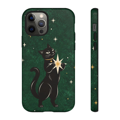 Forest Green Celestial Black Cat Phone Case - Green Phone Case - iPhone 12 Pro / Glossy