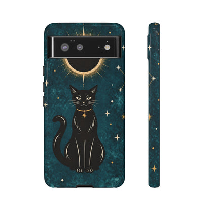 Whimsical Teal Celestial Black Cat Phone Case