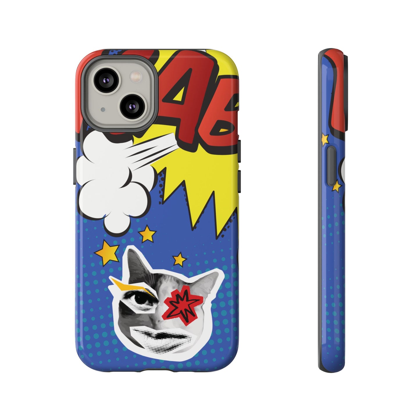 iPhone 14 / Glossy Phone Case - Bold Blue Pop Art Cat Phone Case