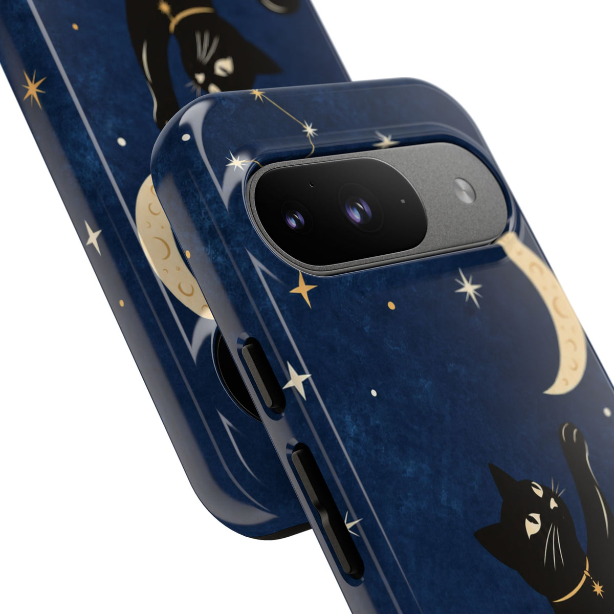 Whimsical Navy Blue Celestial Black Cat Phone Case