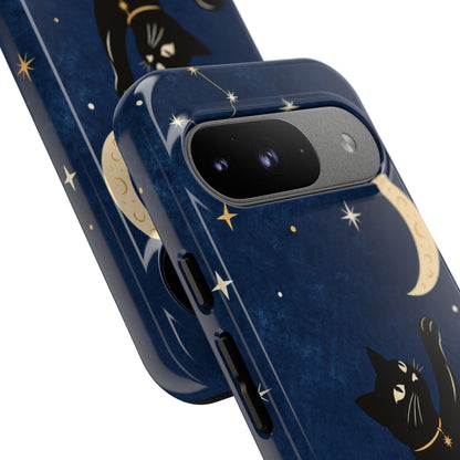 Whimsical Navy Blue Celestial Black Cat Phone Case