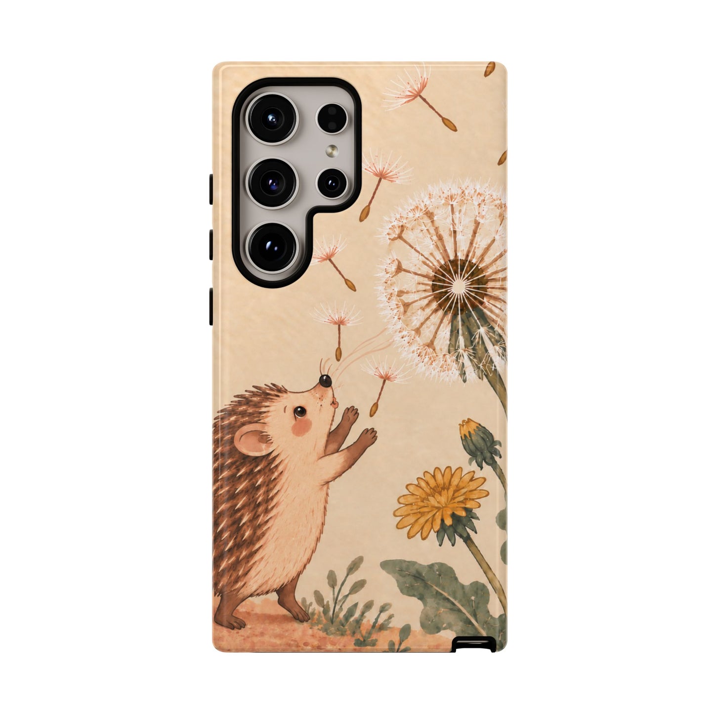 Whimsical Cream Hedgehog and Dandelion Phone Case - White Phone Case - Samsung Galaxy S24 Ultra / Glossy