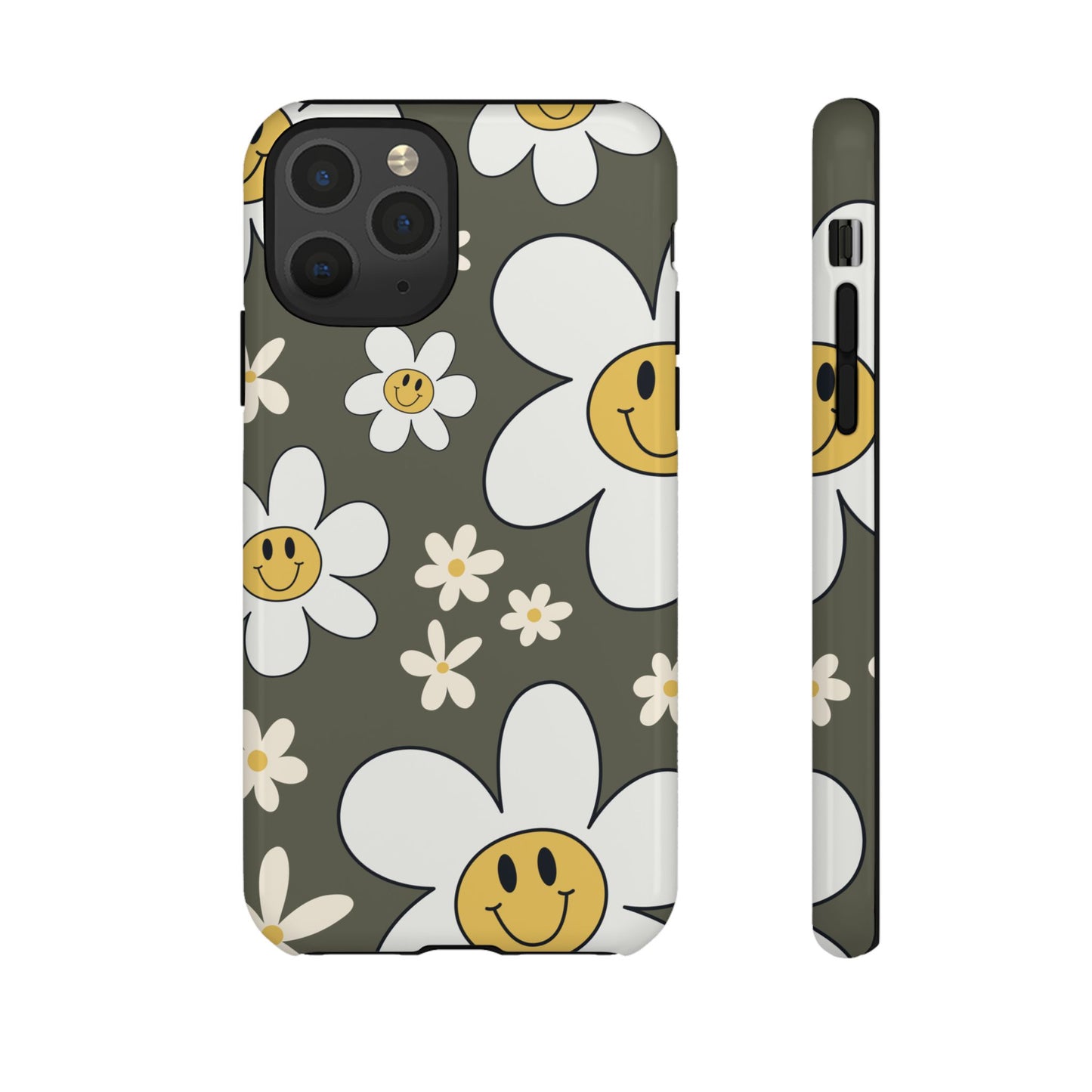 iPhone 11 Pro / Glossy Phone Case - Fun Retro Daisy Pattern with Olive Green Background Phone Case