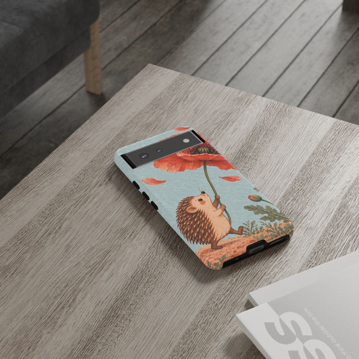 Whimsical Pale Blue Hedgehog and Poppy Phone Case - Blue Phone Case