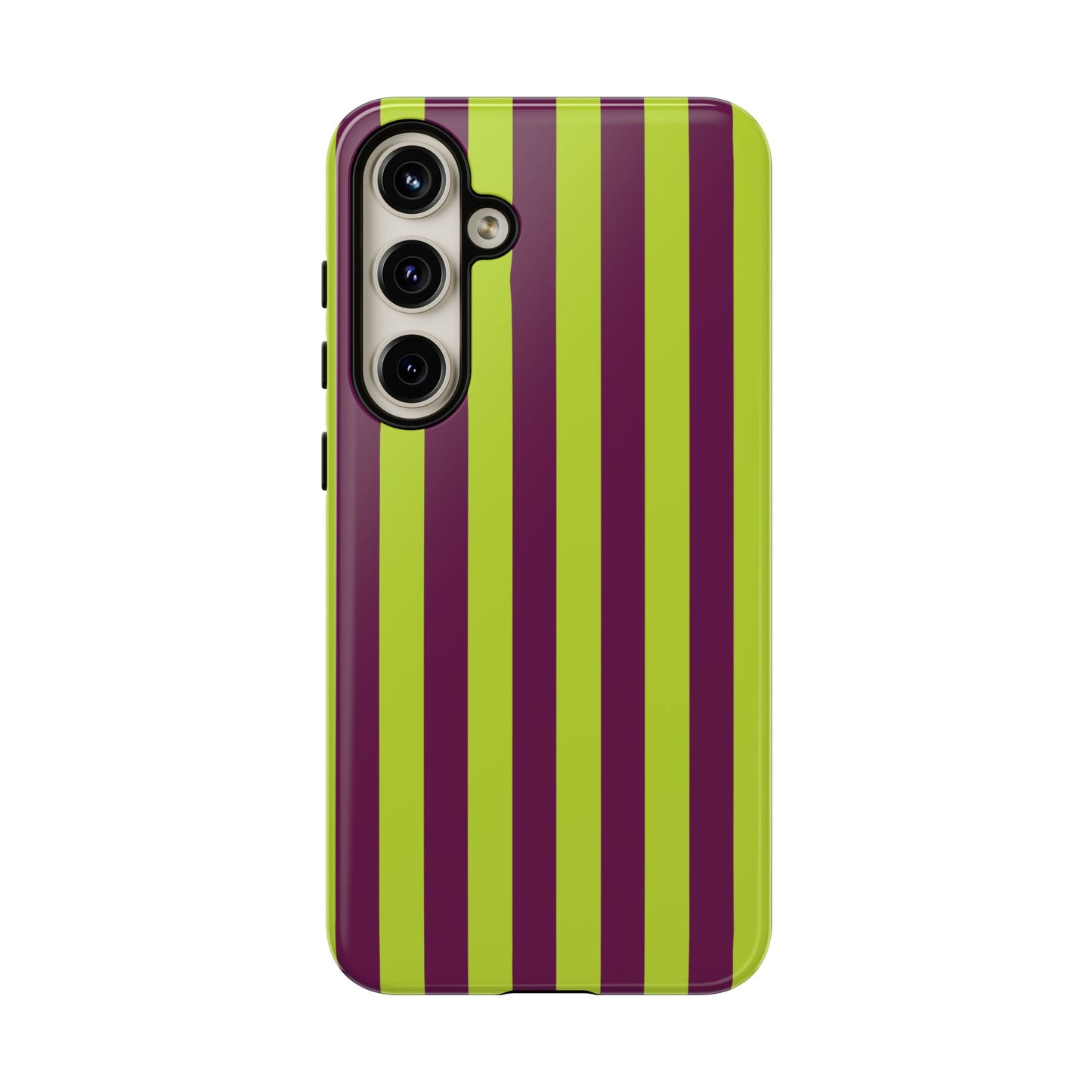 Samsung Galaxy S24 Plus / Glossy Phone Case - Trendy Neon Lime Green & Plum Stripe Pattern Phone Case