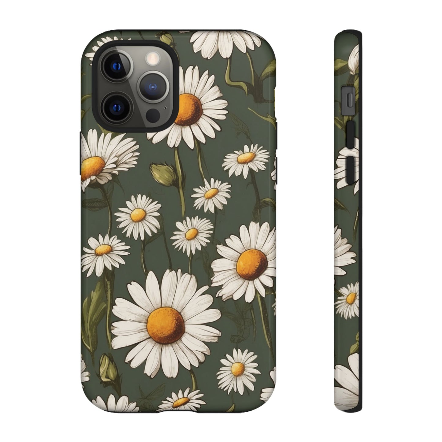 iPhone 12 Pro / Glossy Phone Case - Boho Chic Daisies Floral Pattern ’White & Green’ Phone Case