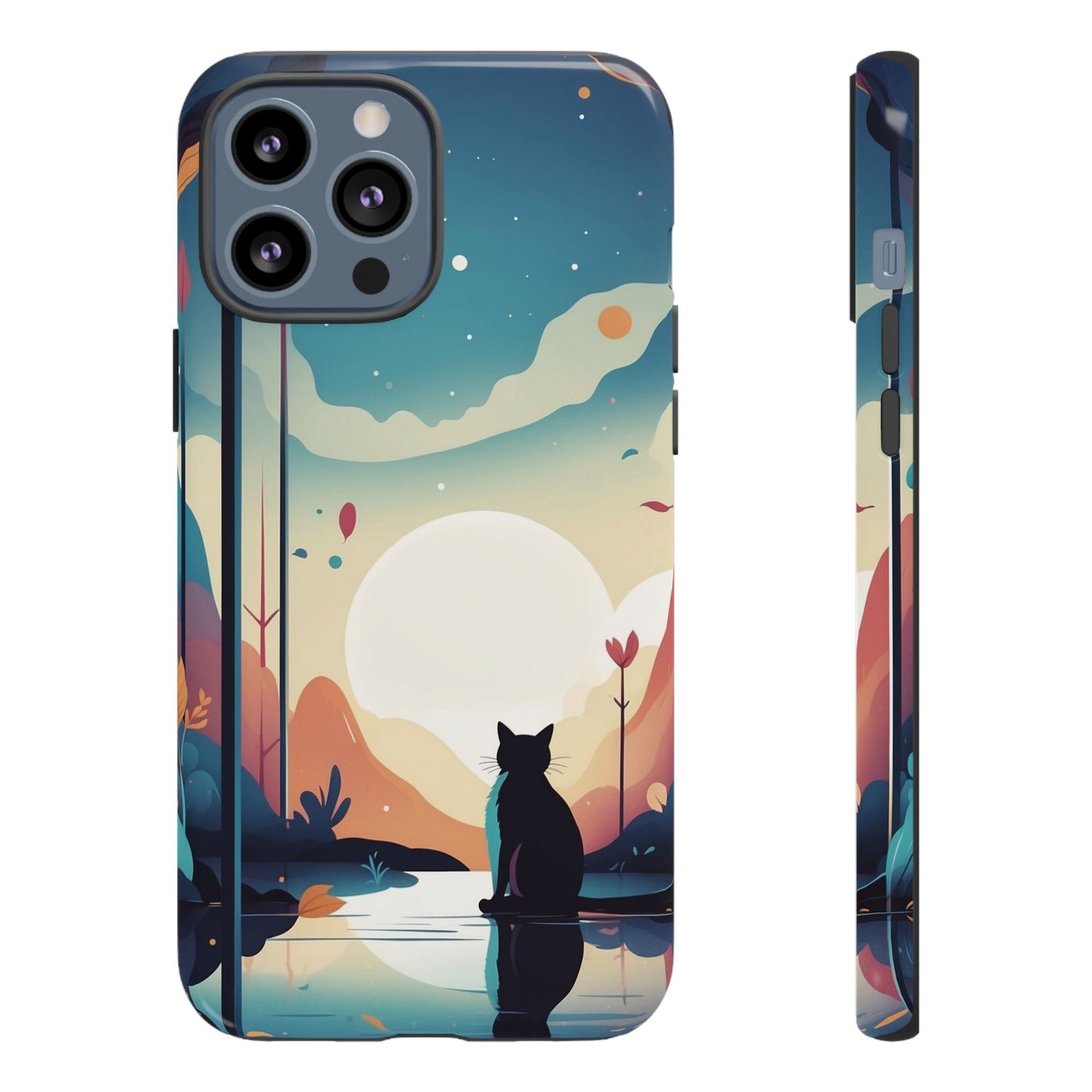 iPhone 13 Pro Max / Glossy Phone Case - Stylised Cat & Moon Design Phone Case