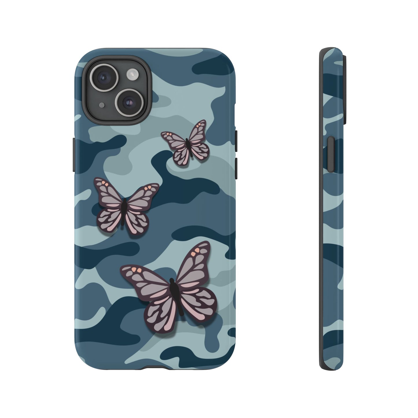 Dark Blue Butterfly Camo Phone Case - Blue Phone Case - iPhone 15 Plus / Glossy