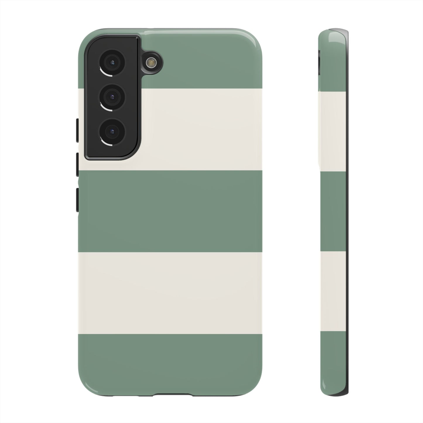 Samsung Galaxy S22 / Glossy Phone Case - Green & White Horizontal Stripe Pattern Phone Case