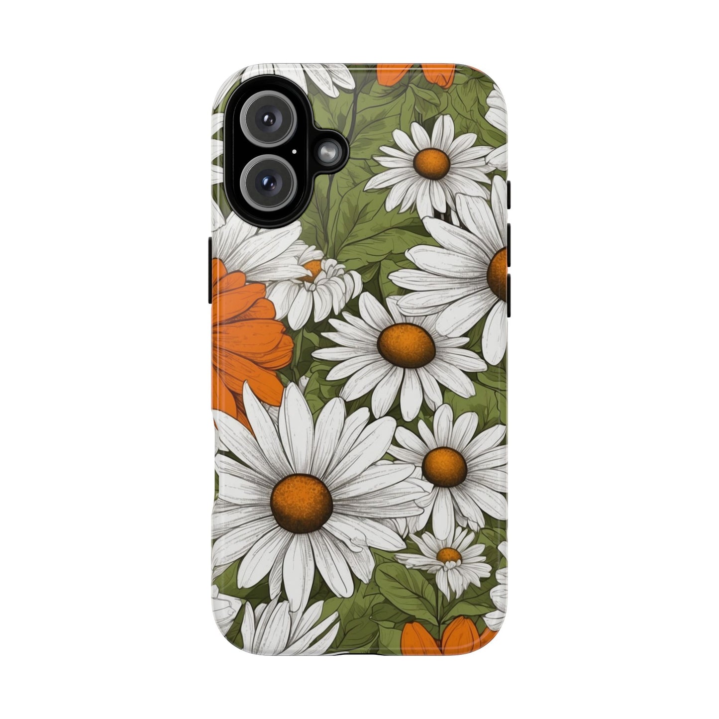 iPhone 16 Plus / Glossy Phone Case - Boho Chic Daisies Floral Pattern ’White Orange & Green’ Phone Case