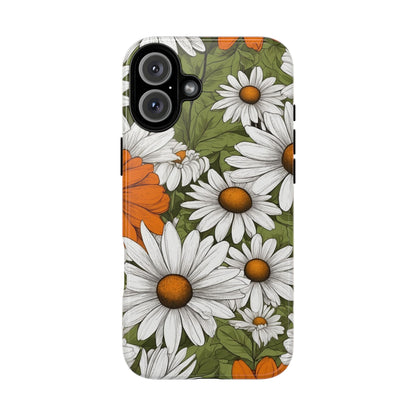 iPhone 16 Plus / Glossy Phone Case - Boho Chic Daisies Floral Pattern ’White Orange & Green’ Phone Case