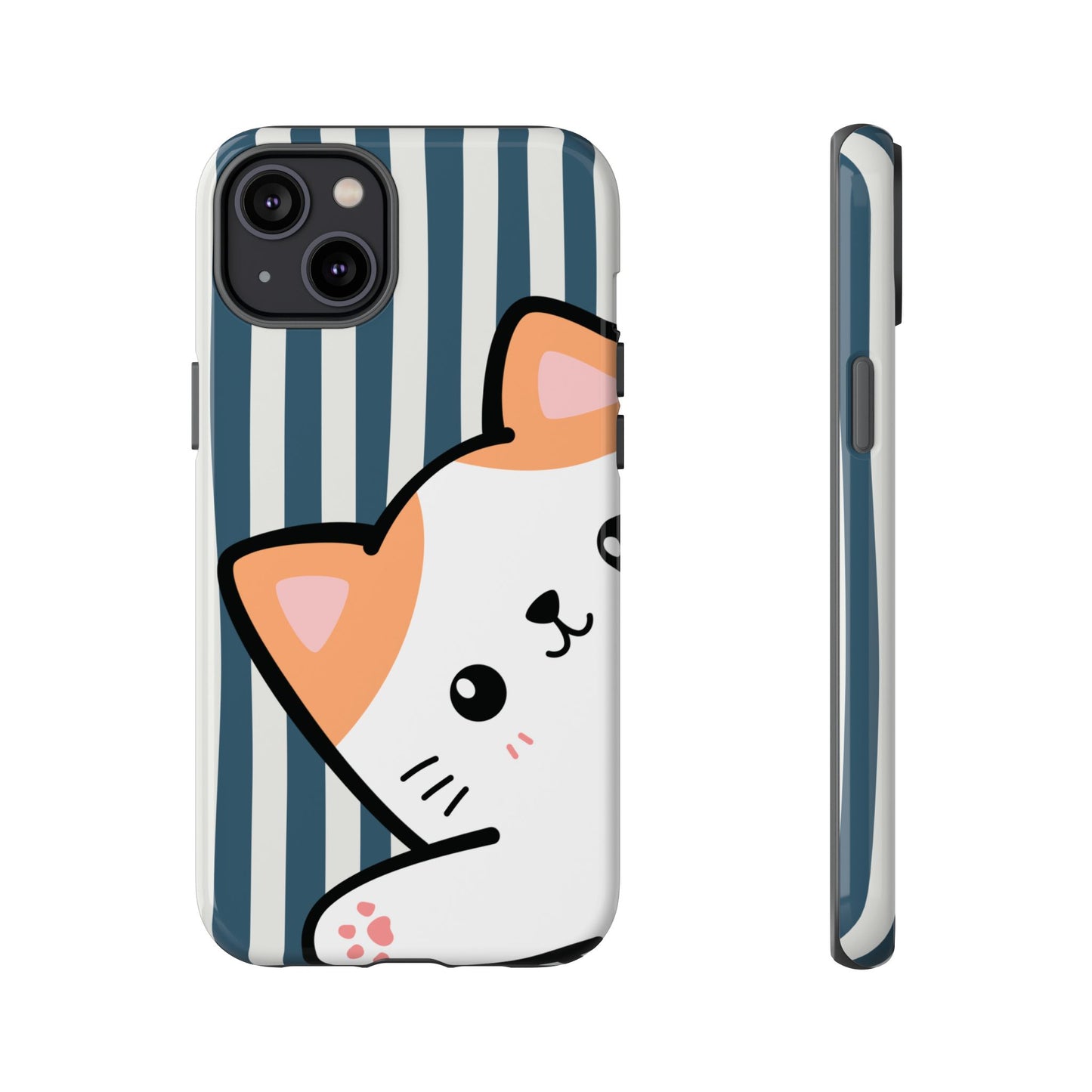 Playful Peakaboo Cat with Blue Stripe Pattern Phone Case - Blue Phone Case - iPhone 14 Plus / Glossy