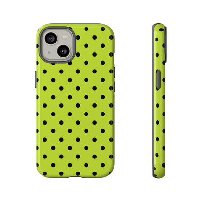 iPhone 14 / Glossy Phone Case - Trendy Neon Lime Green & Black Dot Pattern Phone Case