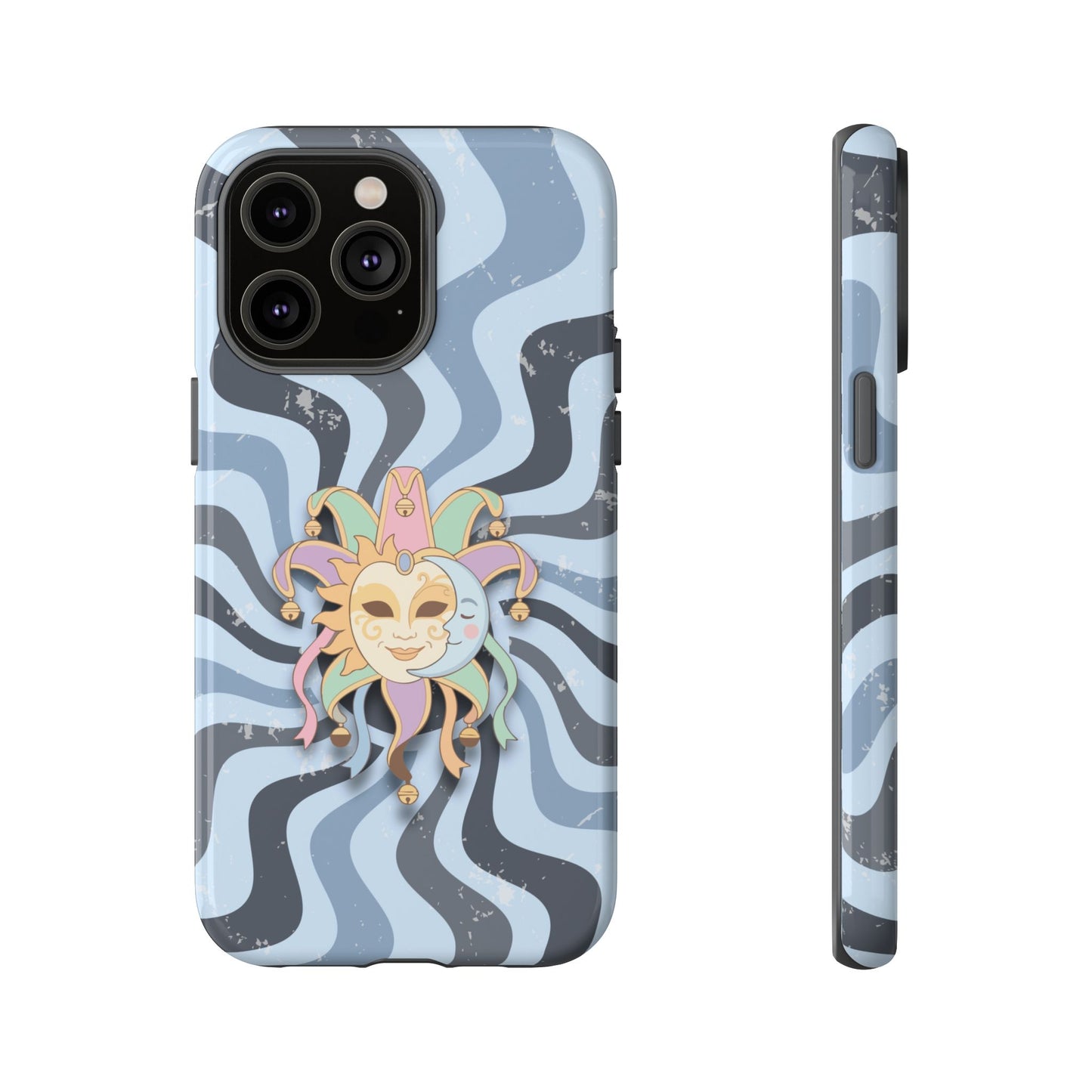 iPhone 14 Pro Max / Glossy Phone Case - Sun & Moon Jester Mask – Blue Retro Wave Phone Case