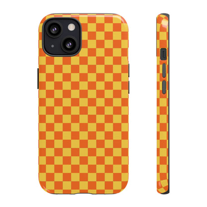 iPhone 13 / Glossy Phone Case - Trendy Orange & Yellow Small Checked Pattern Phone Case
