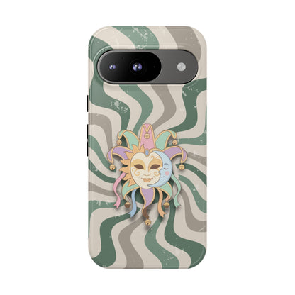 Google Pixel 9 / Glossy Phone Case - Sun & Moon Jester Mask – Green Retro Wave Phone Case