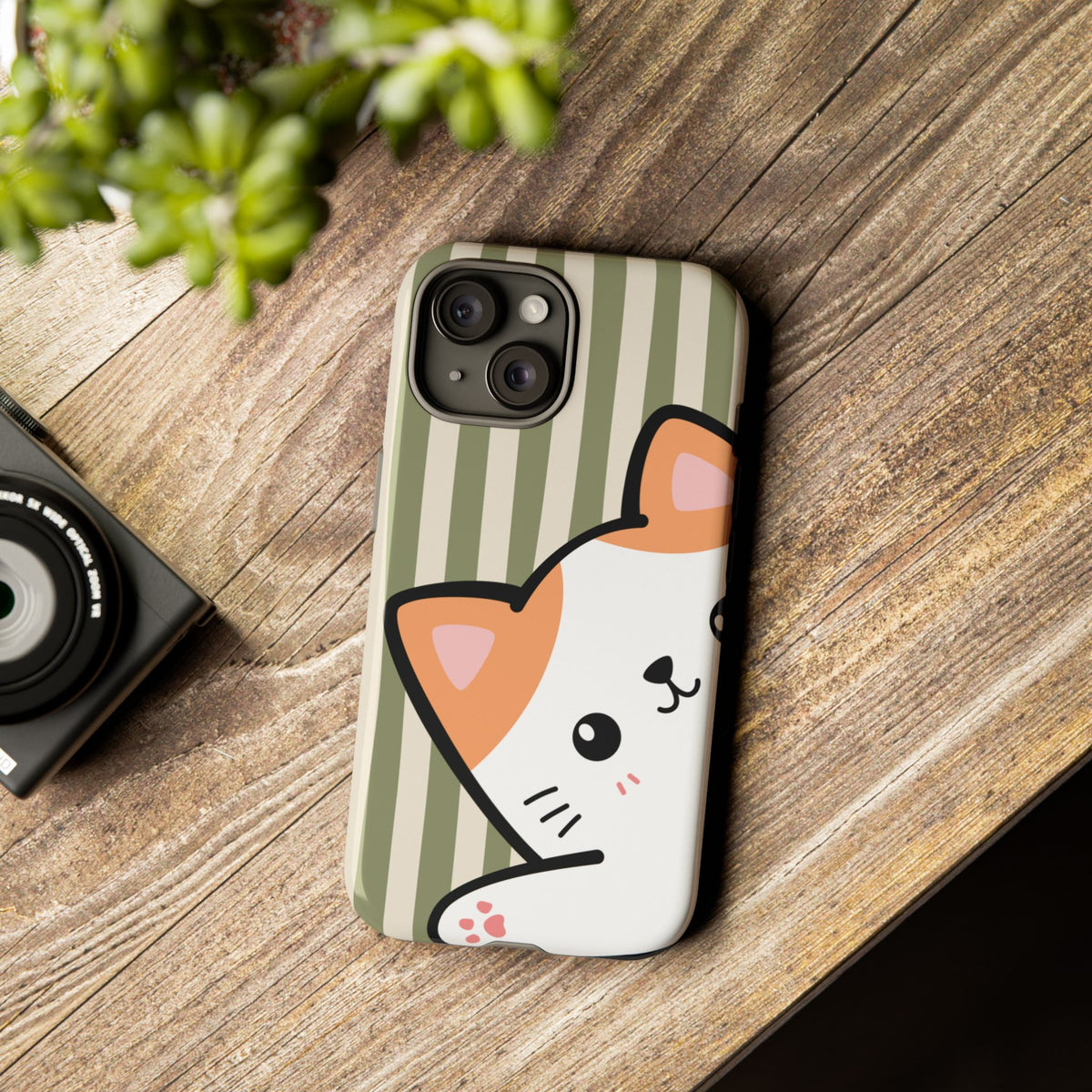 Playful Peakaboo Cat with Green Stripe Pattern Phone Case - Green Phone Case
