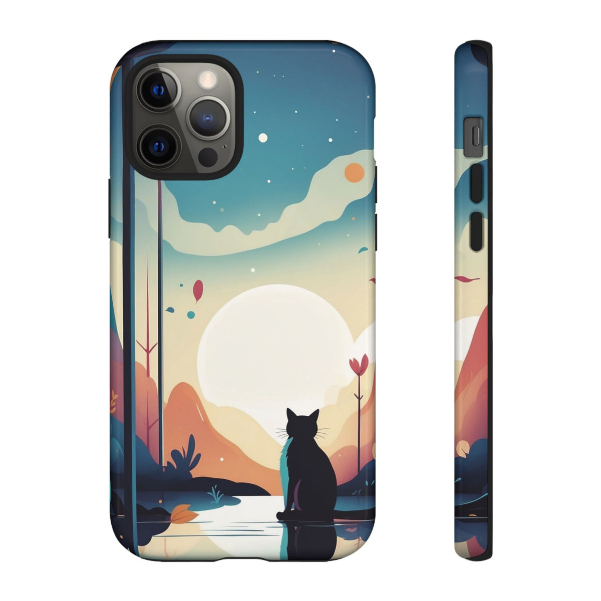 Stylised Cat & Moon Design Phone Case - Multicolor Phone Case - iPhone 12 Pro / Glossy