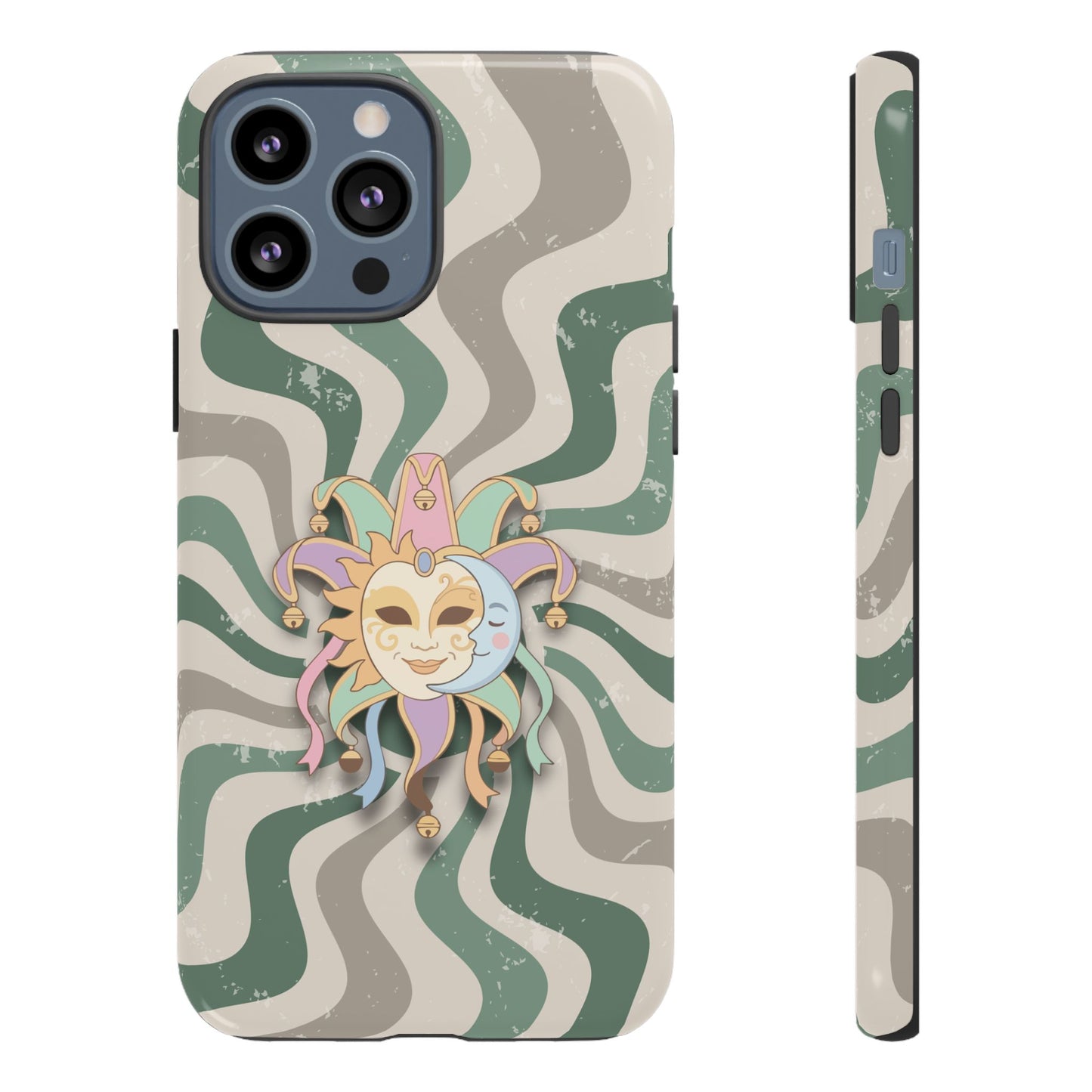iPhone 13 Pro Max / Glossy Phone Case - Sun & Moon Jester Mask – Green Retro Wave Phone Case