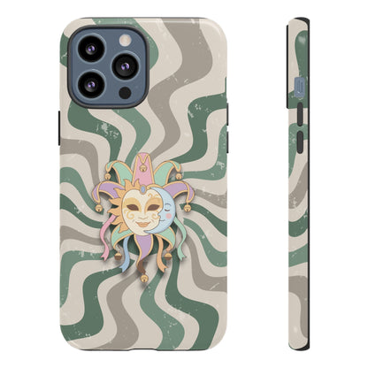 iPhone 13 Pro Max / Glossy Phone Case - Sun & Moon Jester Mask – Green Retro Wave Phone Case