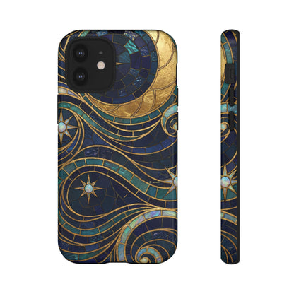Elegant Navy & Gold Crescent Moon Mosaic Phone Case