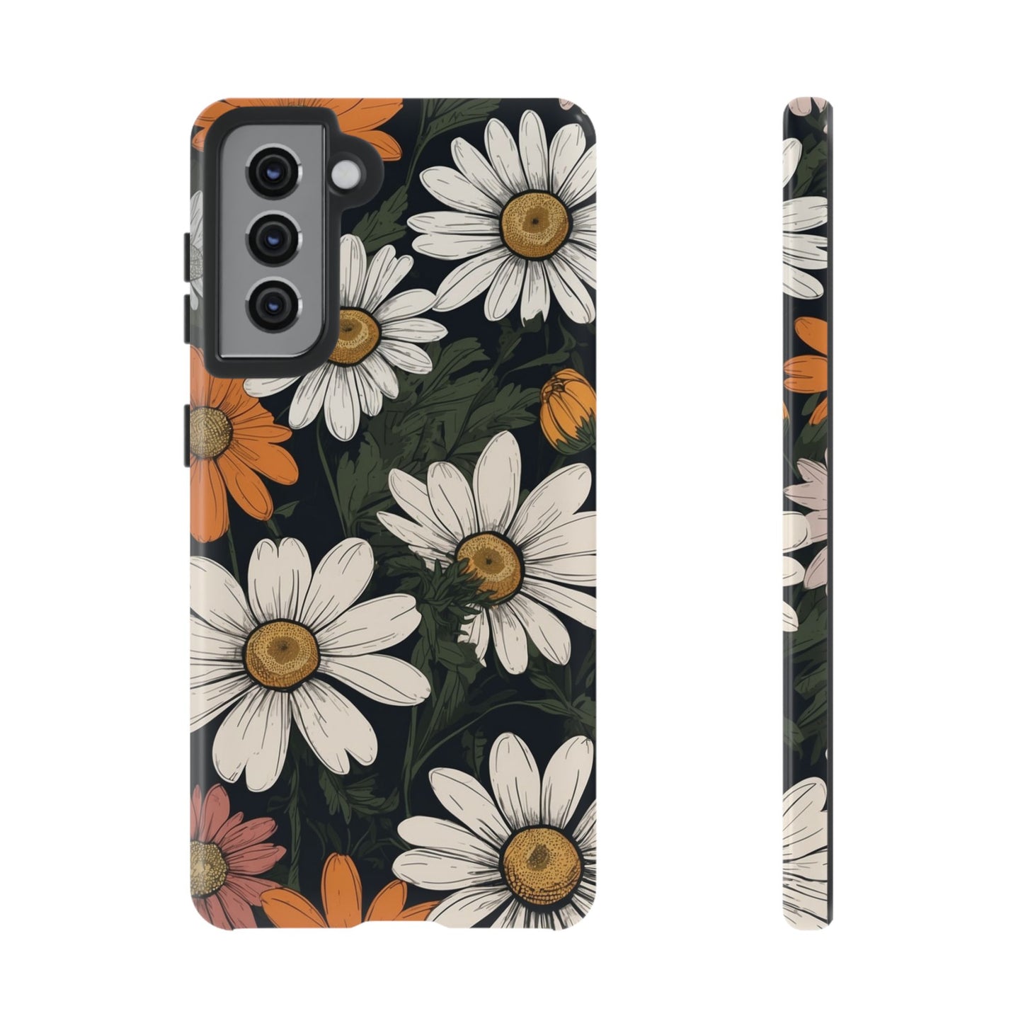 Samsung Galaxy S21 / Glossy Phone Case - Boho Chic Daisies Floral Pattern ’White Orange & Pink’ Phone Case