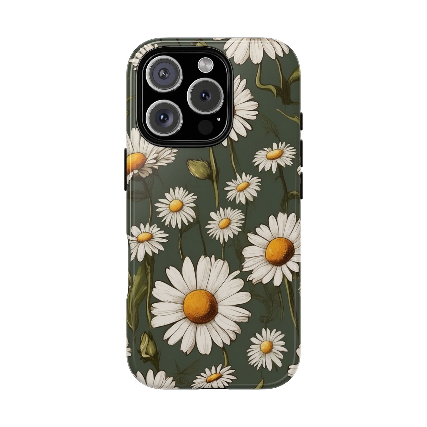 iPhone 16 Pro / Glossy Phone Case - Boho Chic Daisies Floral Pattern ’White & Green’ Phone Case