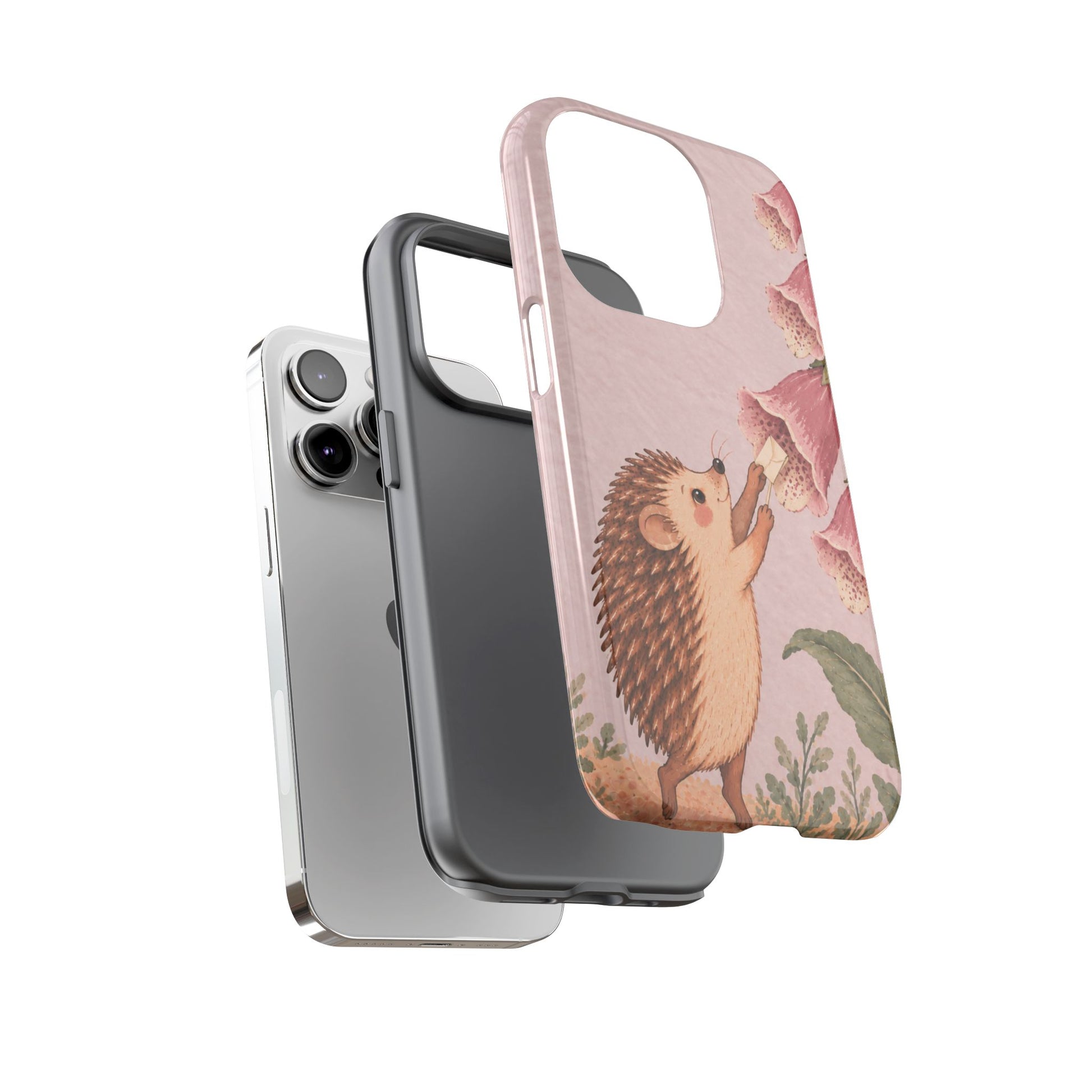 Whimsical Blush Pink Hedgehog and Foxglove Phone Case - Pink Phone Case