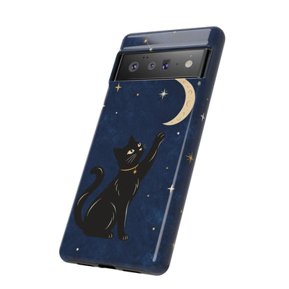 Whimsical Navy Blue Celestial Black Cat Phone Case