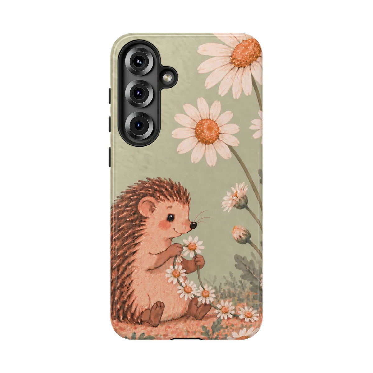 Whimsical Sage Green Hedgehog and Daisy Chain Phone Case - Green Phone Case - Samsung Galaxy S25 Plus / Glossy