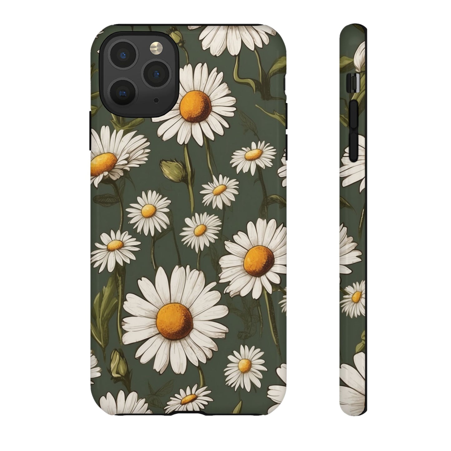 iPhone 11 Pro Max / Glossy Phone Case - Boho Chic Daisies Floral Pattern ’White & Green’ Phone Case