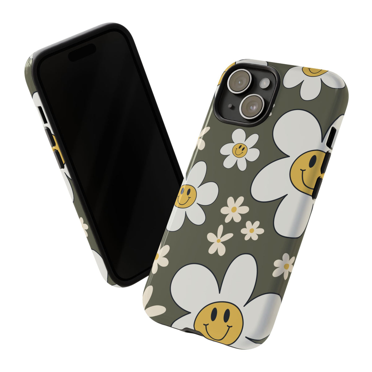 Fun Retro Daisy Pattern with Olive Green Background Phone Case - Green Phone Case