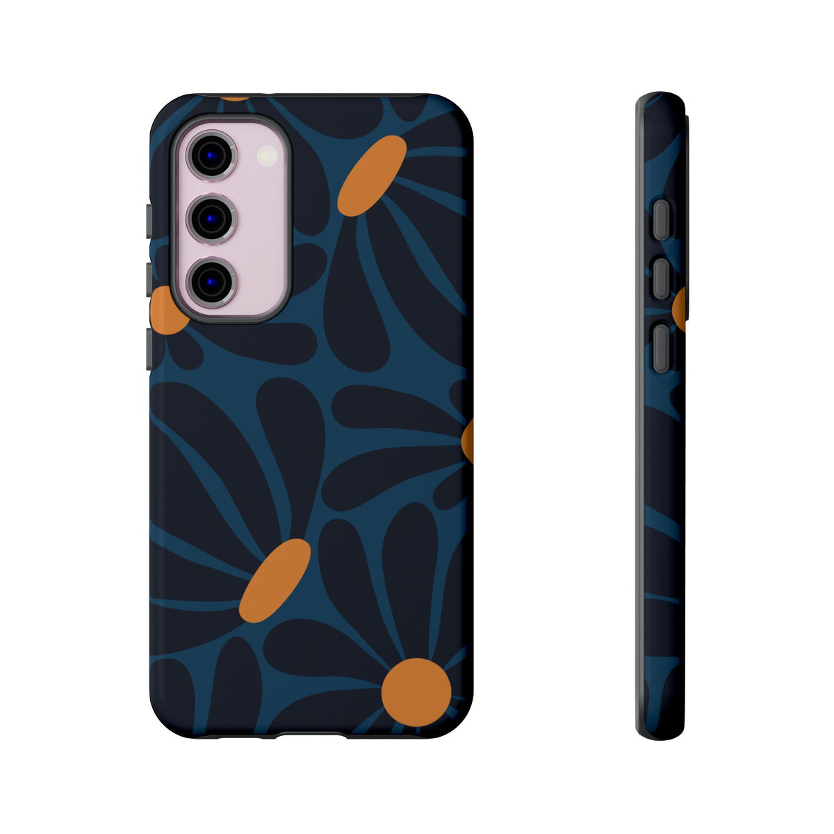 Dark Blue & Orange Daisy Pattern Phone Case - Blue Phone Case - Samsung Galaxy S23 Plus / Glossy