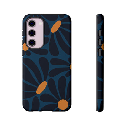 Dark Blue & Orange Daisy Pattern Phone Case - Blue Phone Case - Samsung Galaxy S23 Plus / Glossy