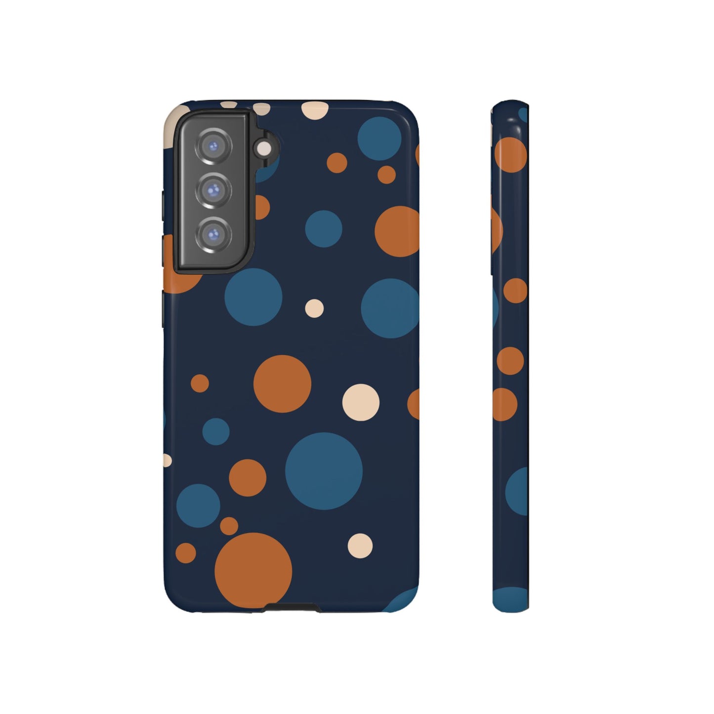 Samsung Galaxy S21 FE / Glossy Phone Case - ’Bold Navy Blue & Orange / White Dot Pattern’ Phone Case