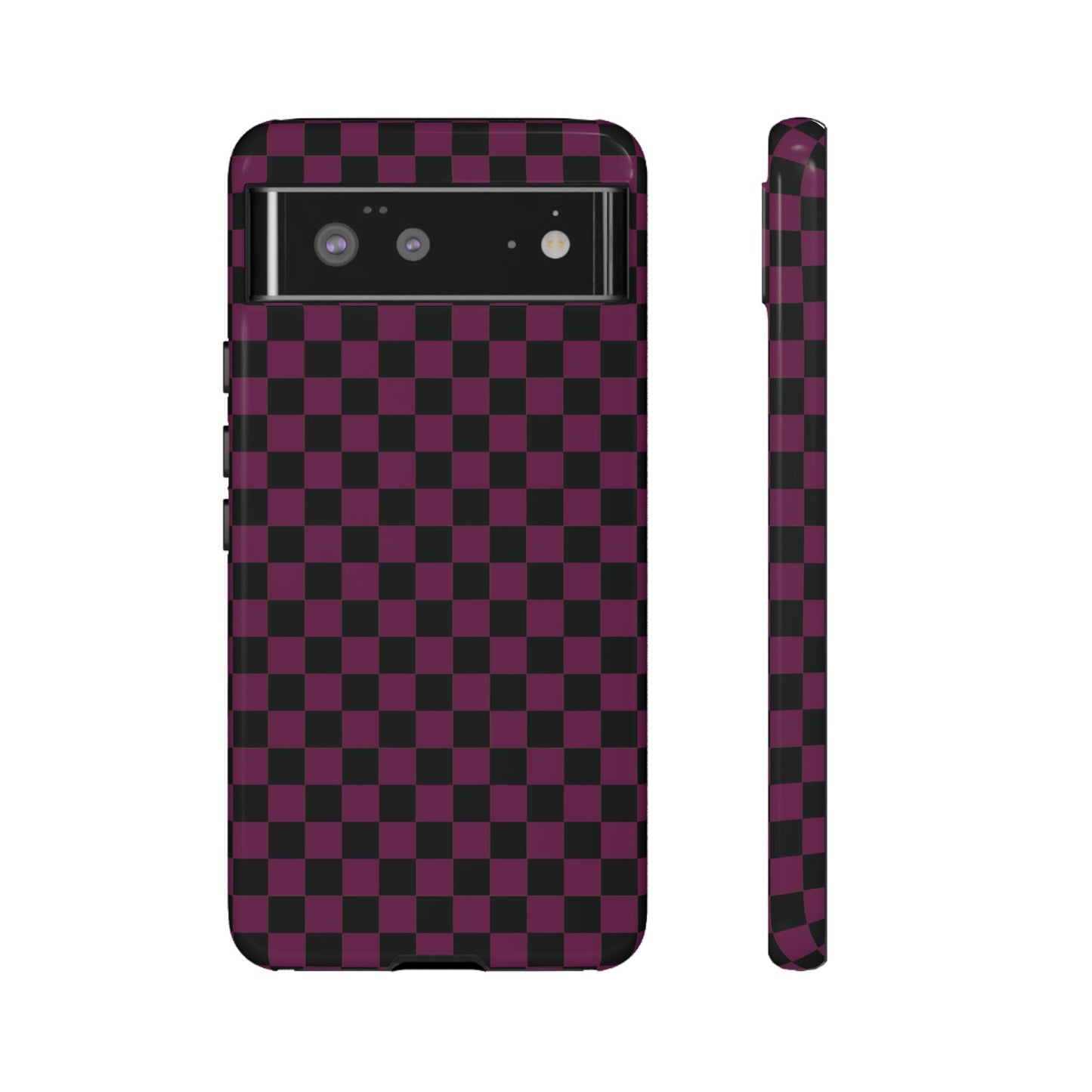Google Pixel 6 / Glossy Phone Case - Trendy Plum & Black Small Checked Pattern Phone Case