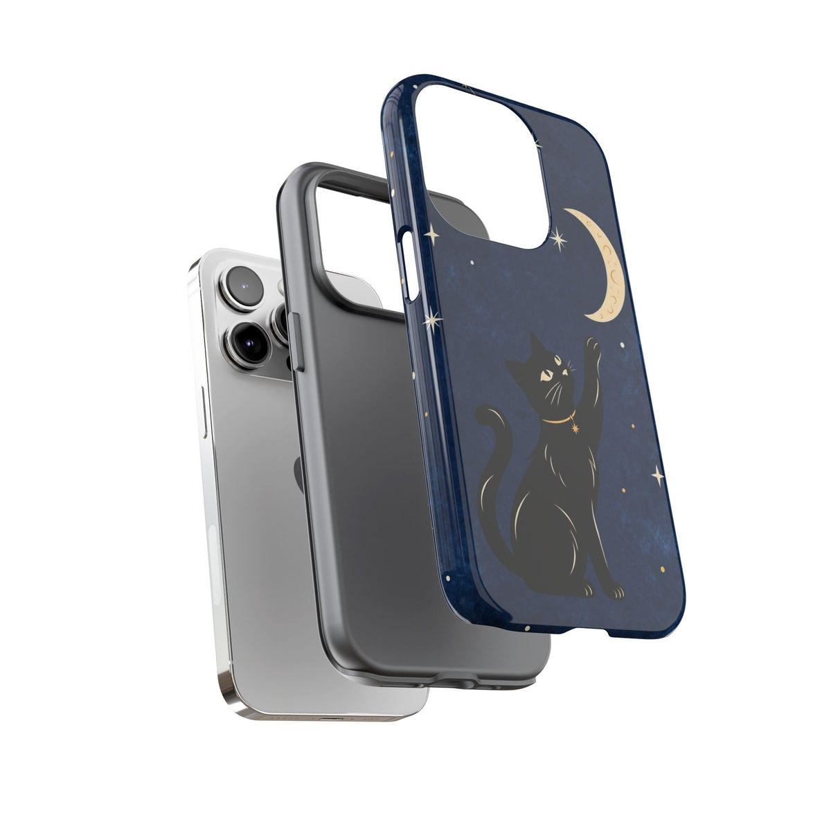 Whimsical Navy Blue Celestial Black Cat Phone Case