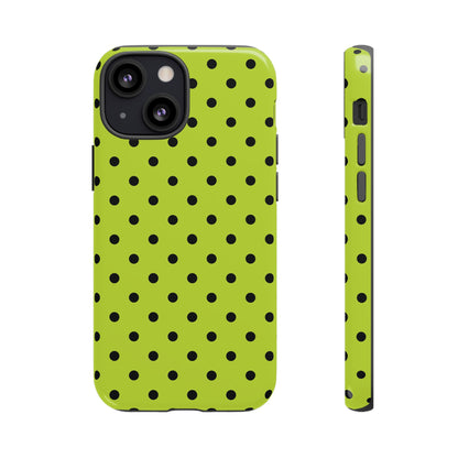 iPhone 13 Mini / Glossy Phone Case - Trendy Neon Lime Green & Black Dot Pattern Phone Case